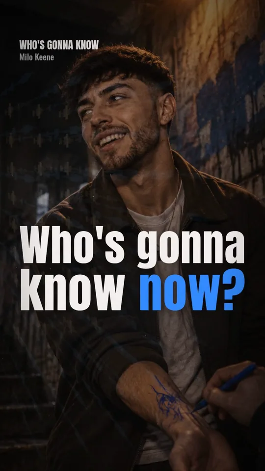 Bold lyrics behind a smiling singer in a blue-lit underpass, from a real Kinetune lyric video
