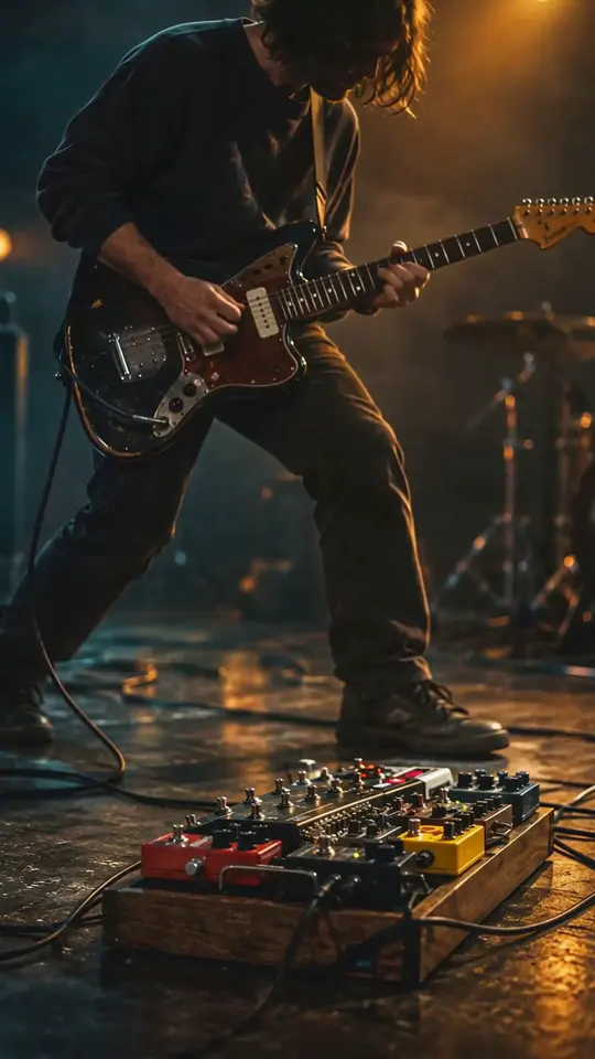 A guitarist on a warmly lit stage in a real Kinetune Canvas example