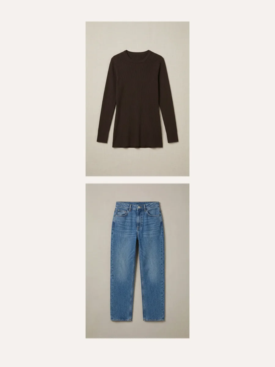 Original flat-lay of a brown ribbed top and blue jeans